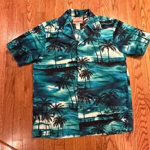 RJC Hawaii Aloha Shirt Palm Tree Print Blue Teal Mens Medium